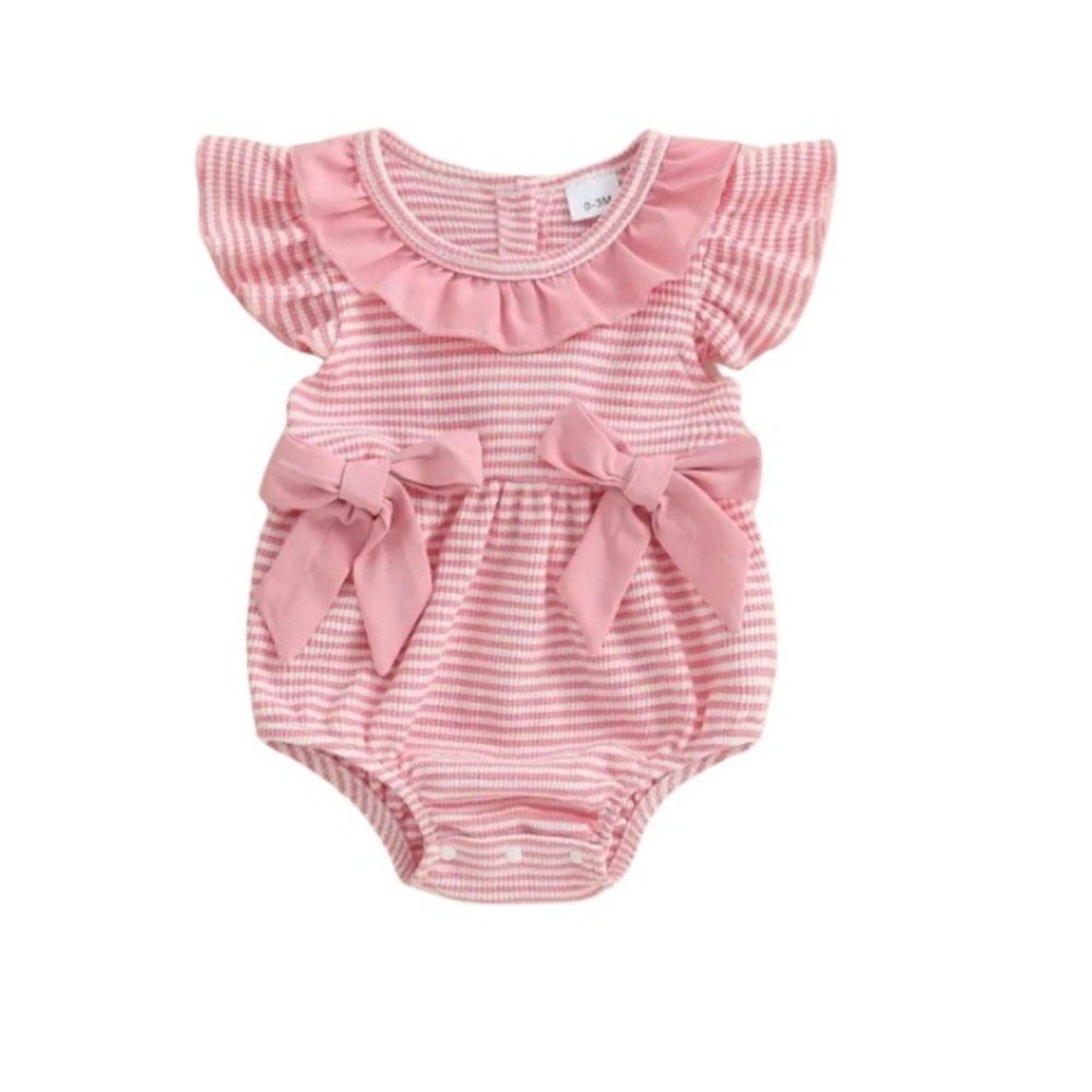 Frill Collar Pink Striped Baby Bubble Romper with Bows Onesie Ruffle 3-6 Months